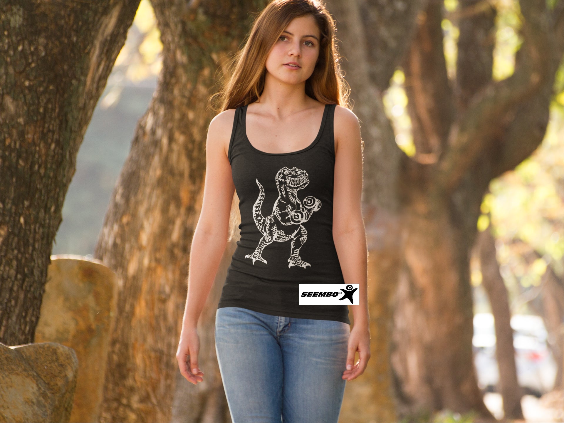 seembo-dinosaur-weight-lifting-a-pair-of-dumbbells-black-tank-top-women-girl-at-the-forest