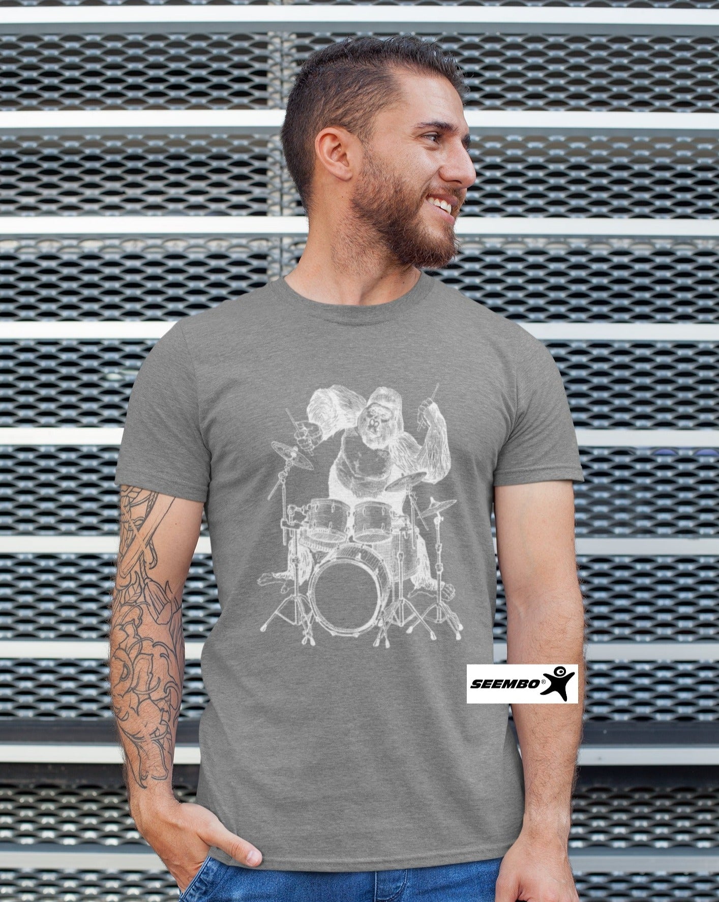 man-wearing-gorilla-playing-drums-drummer-design-on-a-vintage-grey-t-shirt