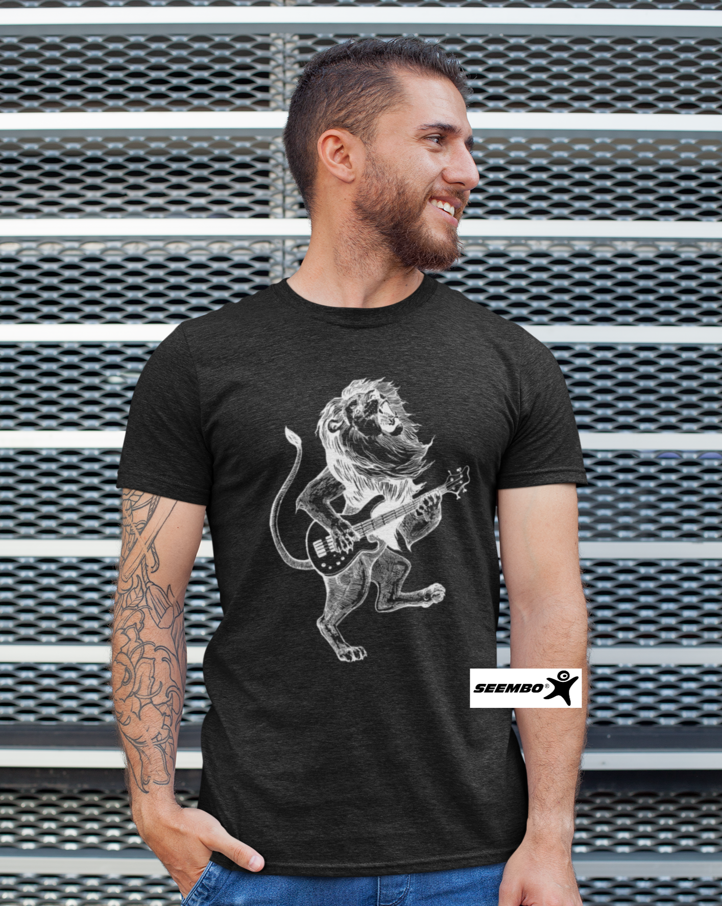 a-man-standing-with-seembo-t-shirt-with-lion-playing-guitar-guitarist-design-in-a-vintage-black-color