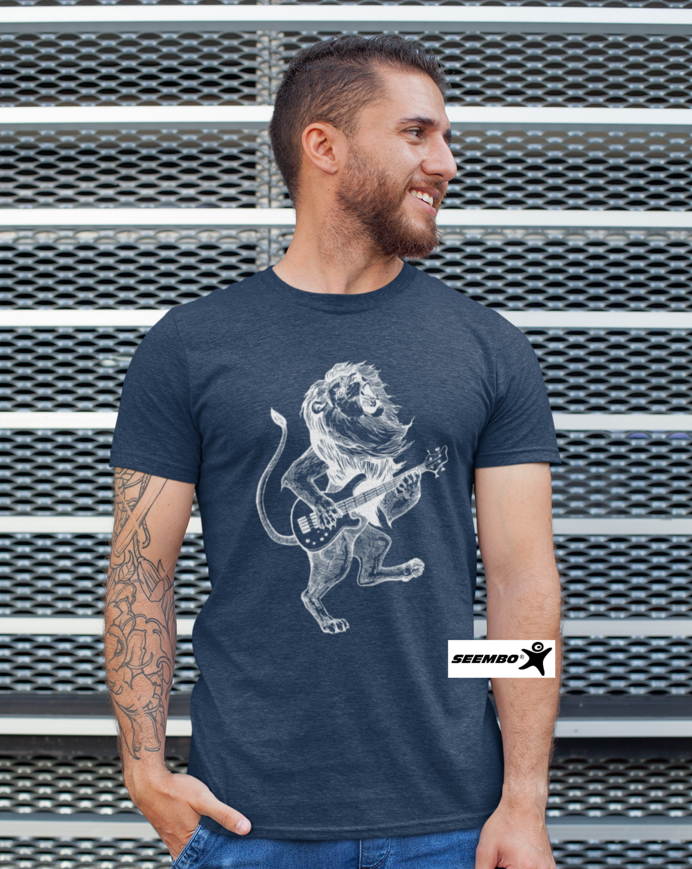 a-man-with-seembo-t-shirt-with-lion-playing-guitar-guitarist-art-in-a-vintage-navy-color