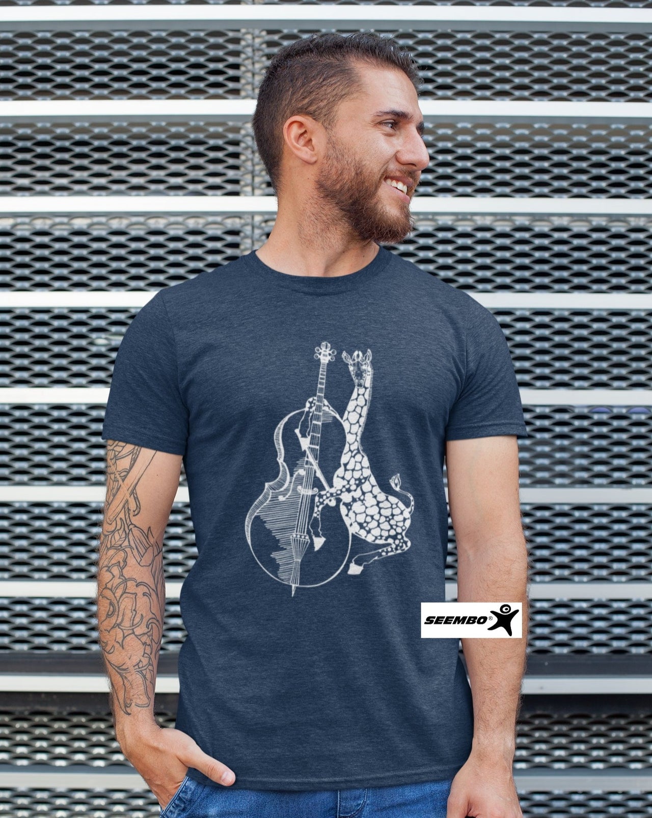 a-man-standing-with-seembo-giraffe-playing-cello-cellist-design-on-a-vintage-navy-t-shirt