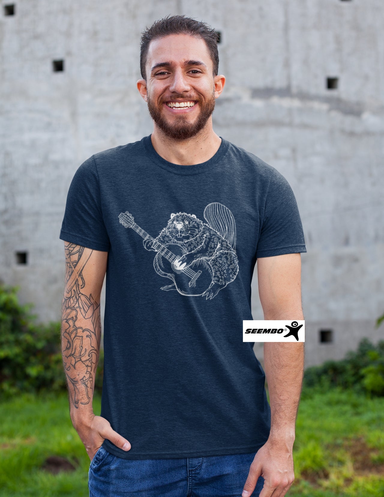 Beaver Playing Guitar Animal Guitarist Funny Rock Musician Men Tri-Blend T-Shirt