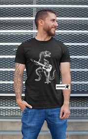 a-man-with-vintage-black-t-shirt-and-dinosaur-playing-guitar-guitarist-art-on-it