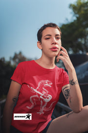 seembo-dinosaur-playing-guitar-red-t-shirt-of-a-woman-wearing-at-outside