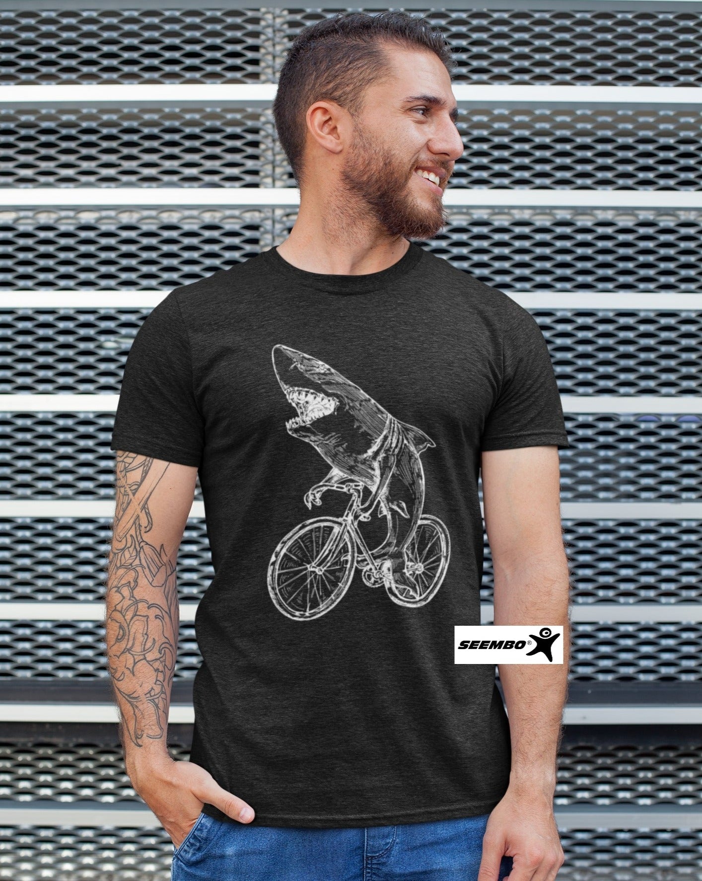 seembo-a-man-wearing-shark-cycling-bicycle-bike-cyclist-biker-design-art-men-unisex-on-a-vintage-black-t-shirt