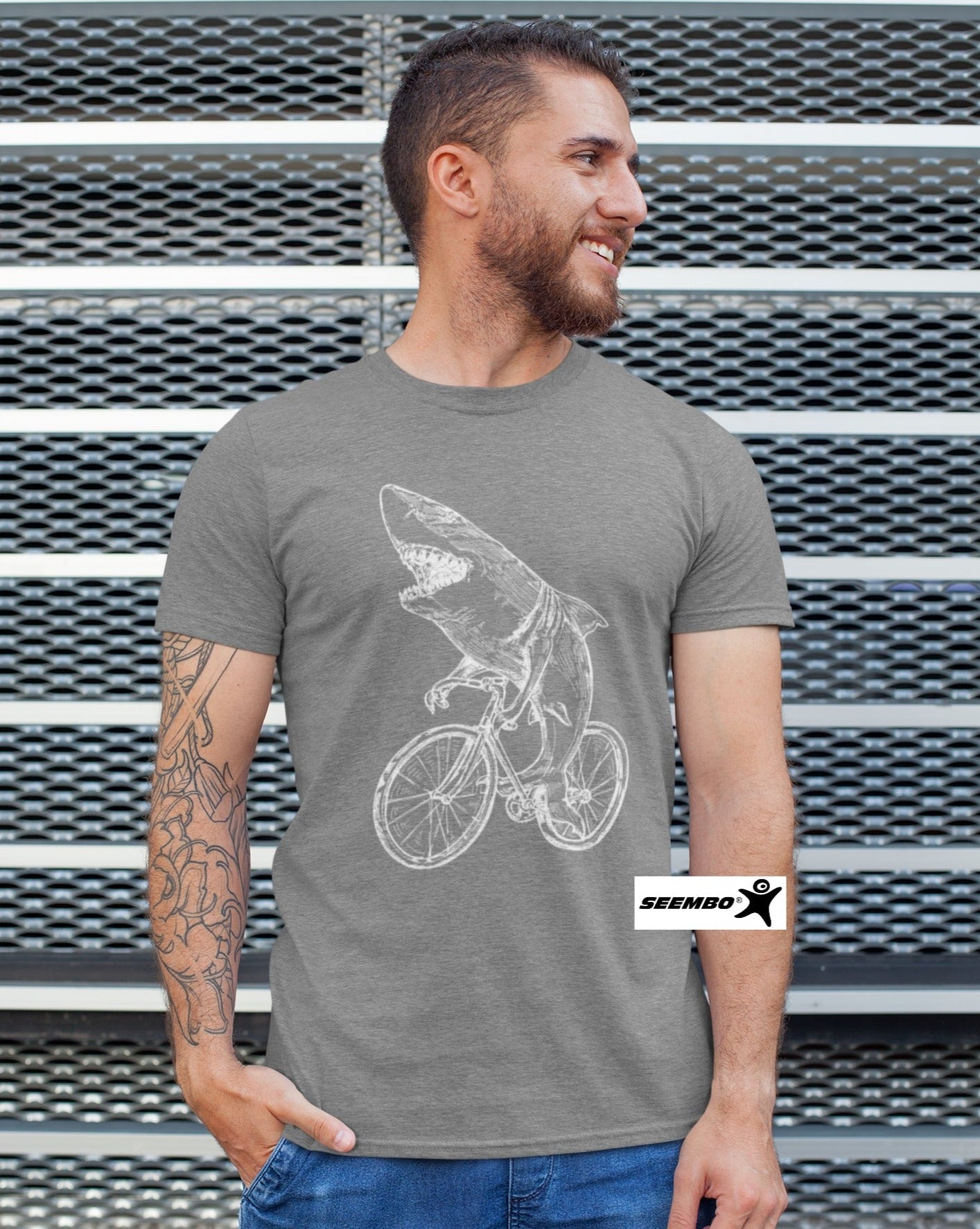 seembo-a-man-wearing-shark-cycling-bicycle-bike-cyclist-biker-design-art-men-unisex-on-a-vintage-grey-t-shirt