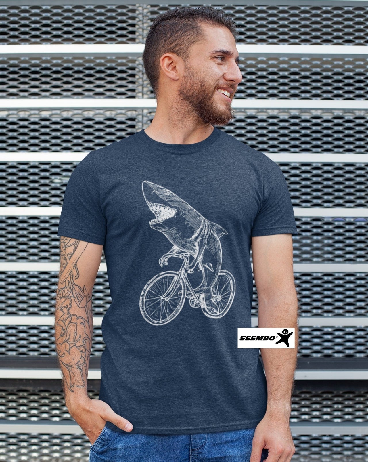 seembo-a-man-wearing-shark-cycling-bicycle-bike-cyclist-biker-design-art-men-unisex-on-a-vintage-navy-t-shirt