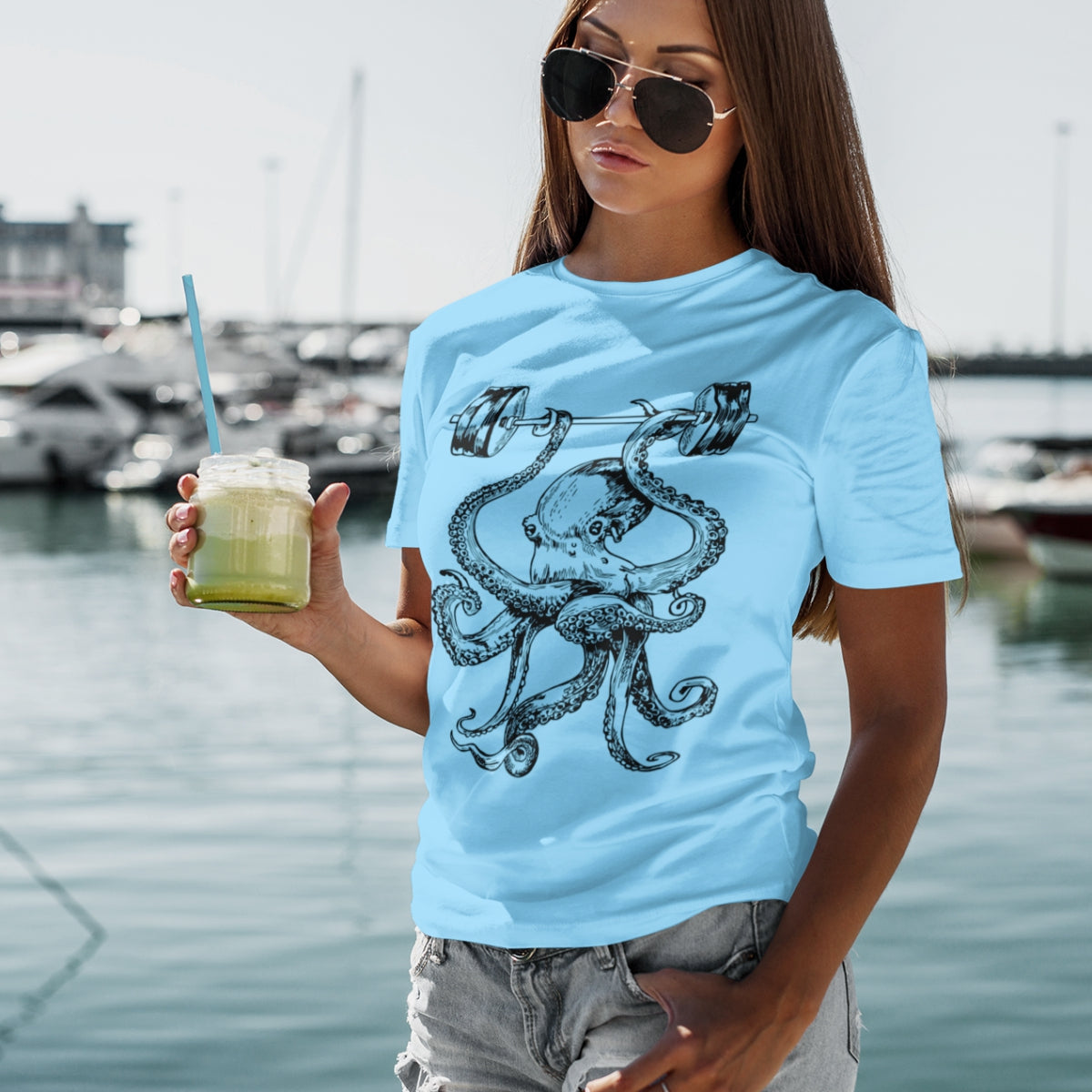 seembo-t-shirt-woman-octopus-workout-weight-lifting-barbell-and-drinking-a-smoothie