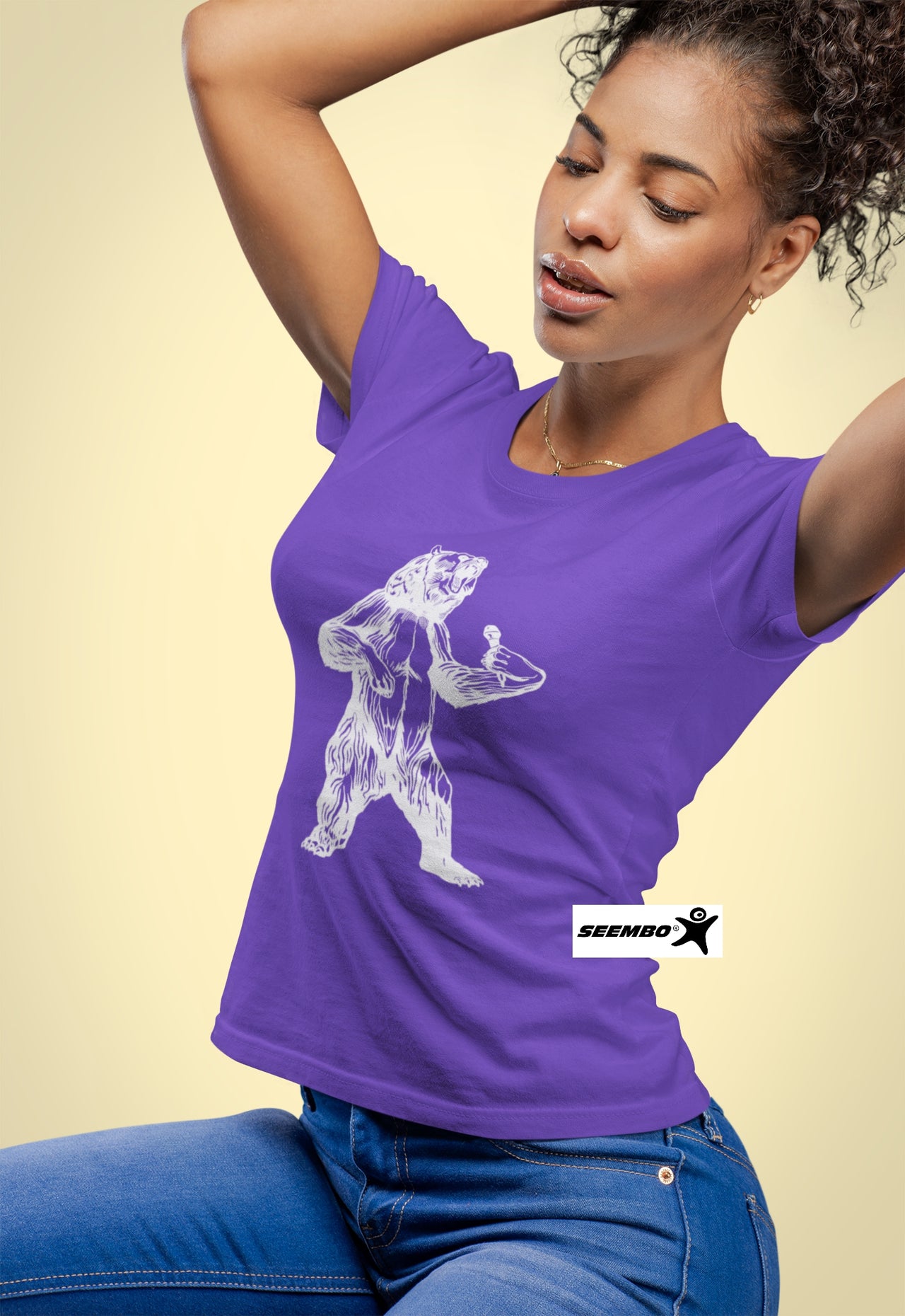 seembo-woman-posing-with-bear-trying-to-sing-karaoke-t-shirt-purple-color