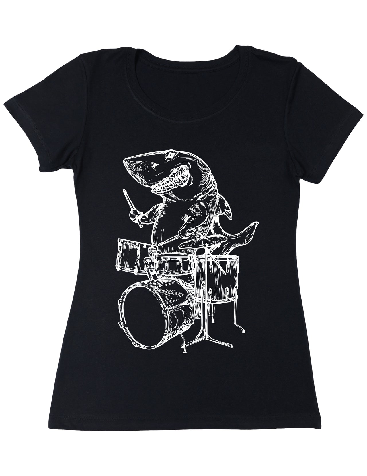 Seembo-Shark-drummer-Playing-Drums-musician-music-band-art-Women-T-Shirt-black-color