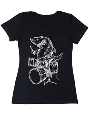 Seembo-Shark-drummer-Playing-Drums-musician-music-band-art-Women-T-Shirt-black-color