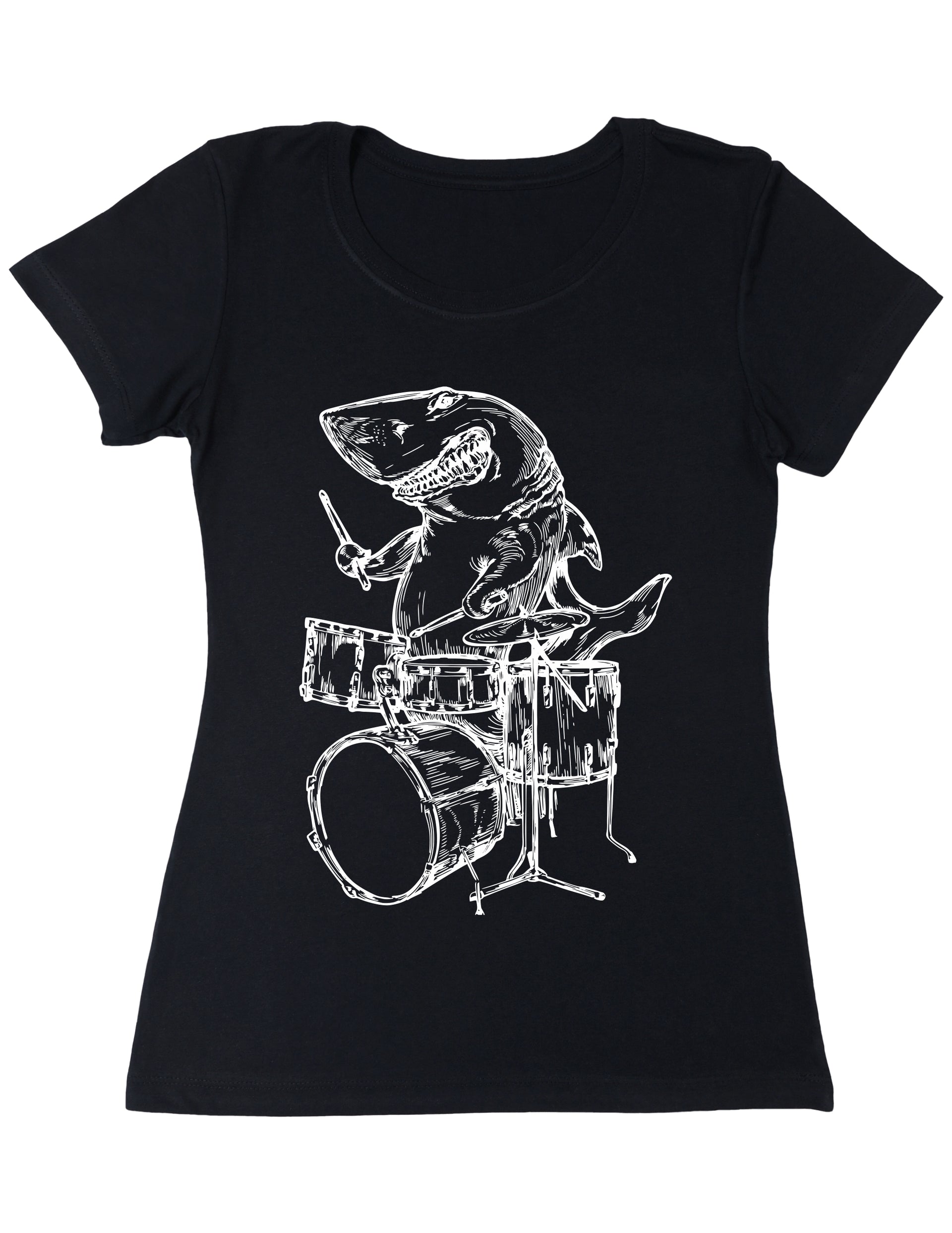 Seembo-Shark-drummer-Playing-Drums-musician-music-band-art-Women-T-Shirt-black-color