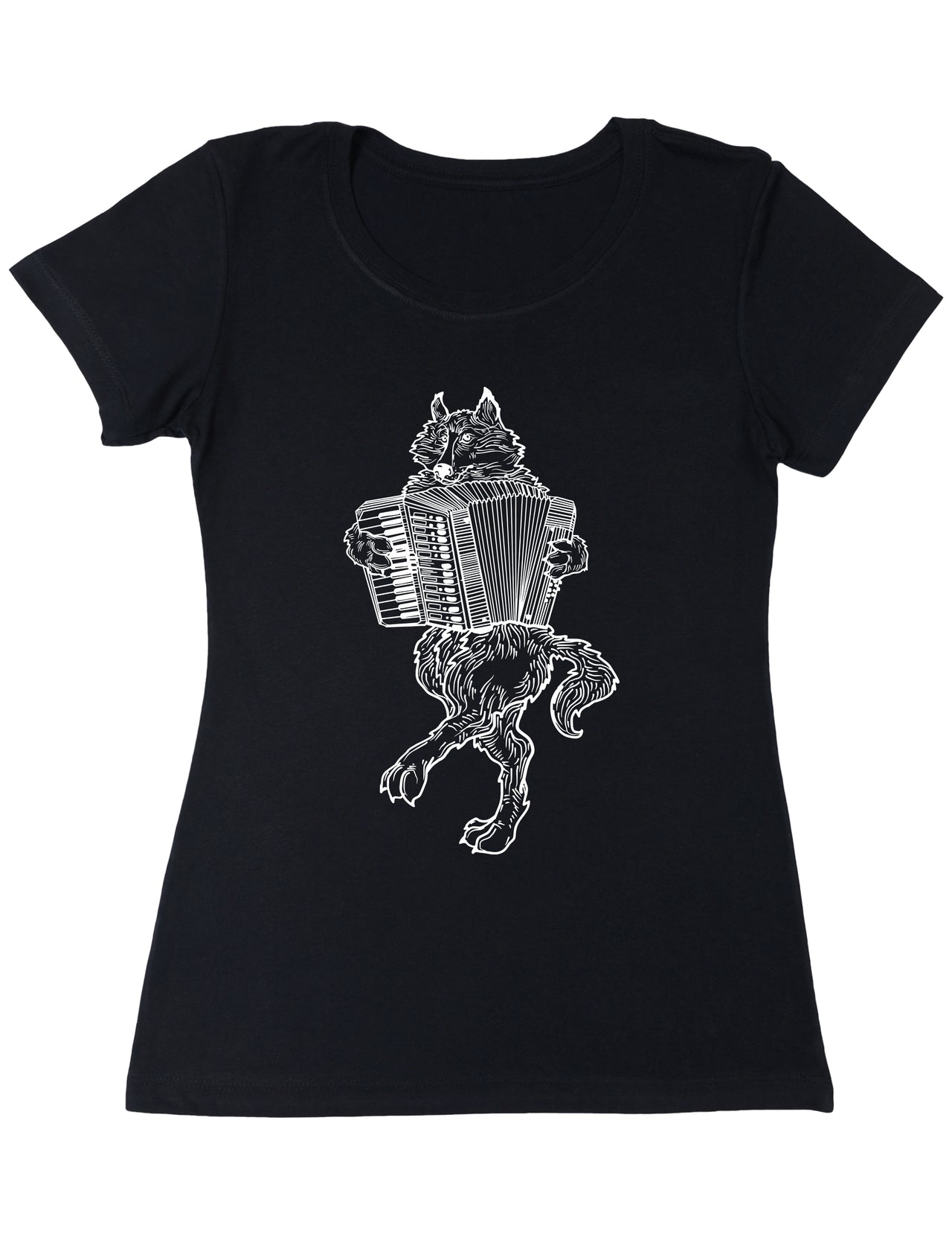 Seembo-Wolf-Playing-Accordion-accordionist-musician-music-Women-black-T-Shirt