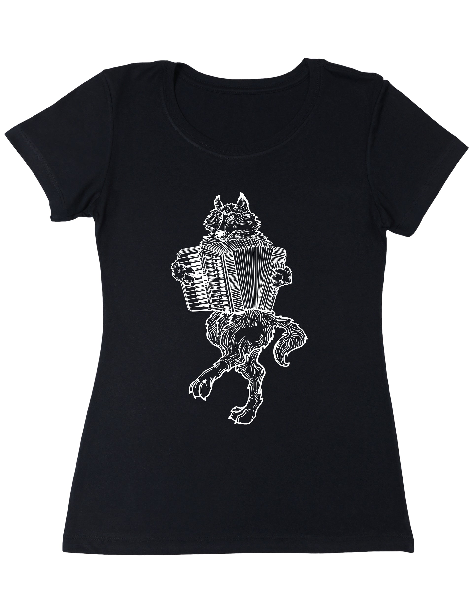 Seembo-Wolf-Playing-Accordion-accordionist-musician-music-Women-black-T-Shirt
