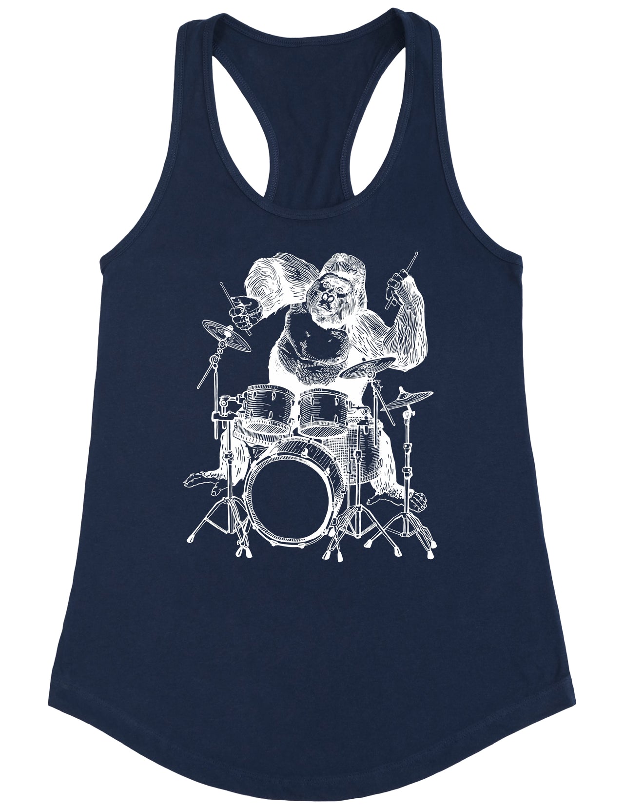 seembo-gorilla-playing-drums-drummer-funny-musician-music-band-women-navy-tank-top