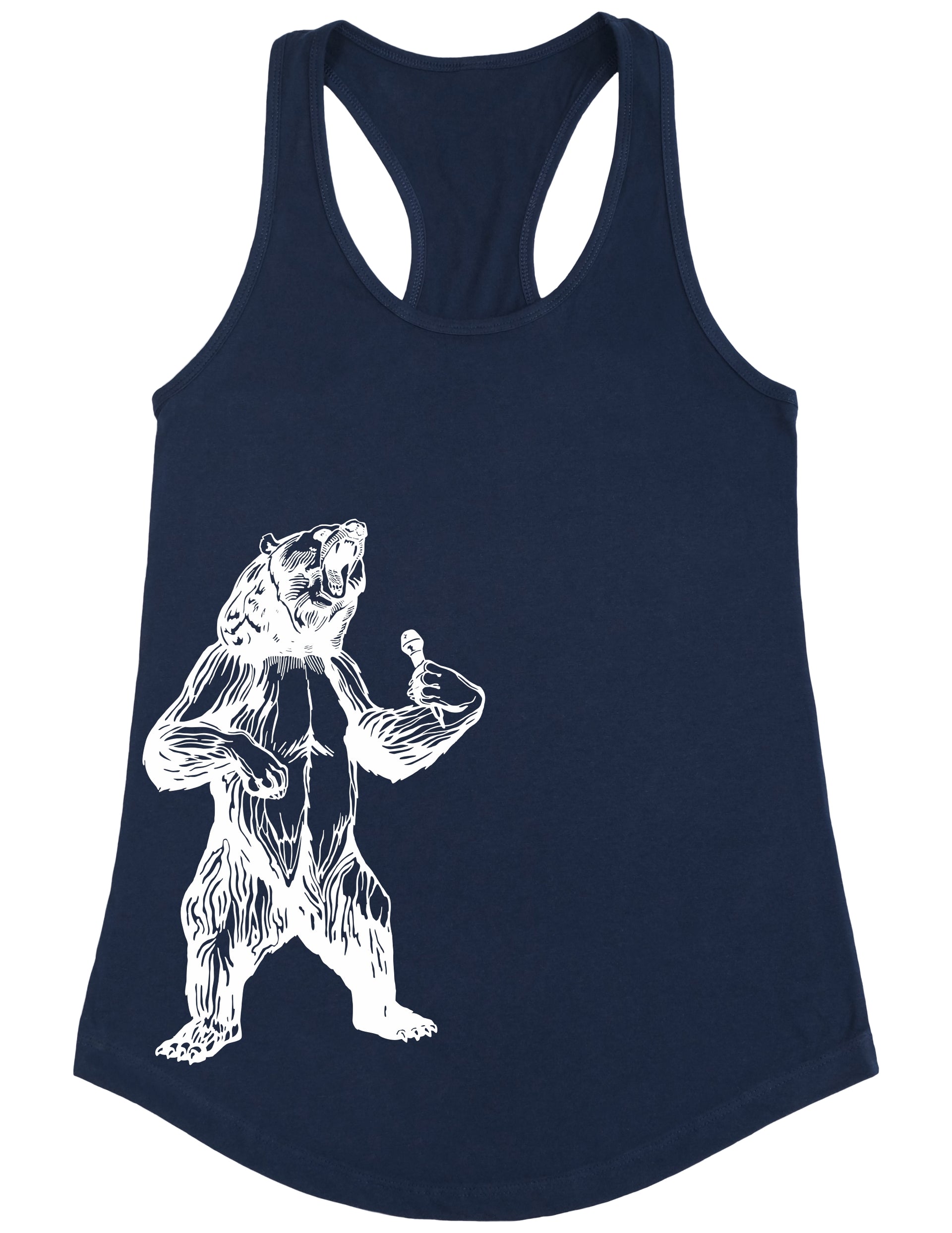 bear trying to sing karaoke seembo women poly cotton tank top navy color side print